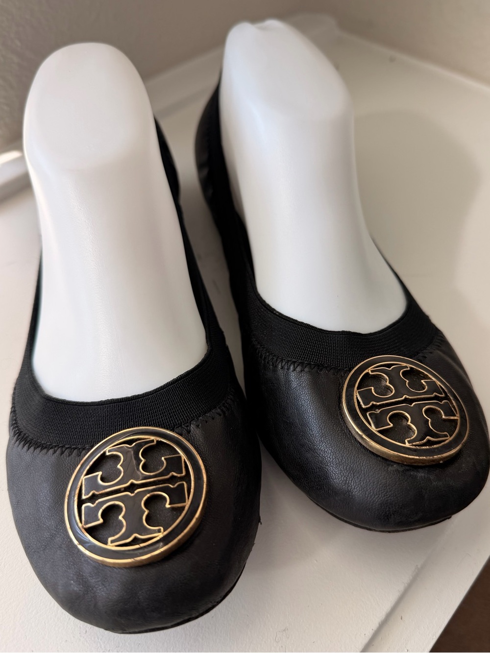 Tory Burch Black Leather Ballet Flats with Gold Logo